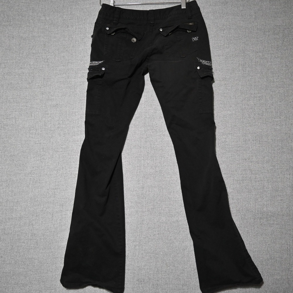 Miss Me Cargo Pants Womens 28 Rhinestone Embroidered Flare Leg Black Flaws - Picture 2 of 14